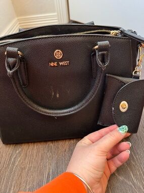 Nine West Black Pebbled Satchel with Gold Accents